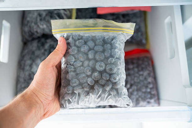 istock Man hands hold zip bag with blueberries, putting into freezer. Storing summer berry for future use 2231287898