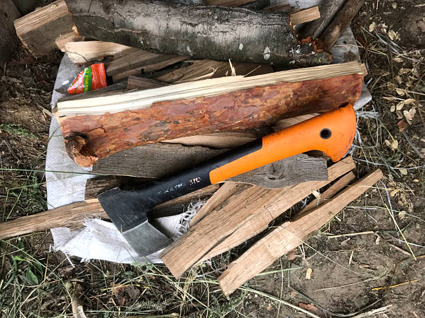 An axe driven into a stump, close-up. An old axe driven into a wooden stump, blurred background. Old tool. Harvesting firewood. An axe with a wooden handle, a rotten stump, autumn. Rural life