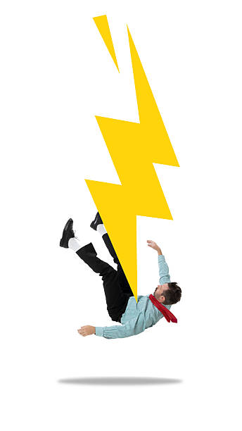 istock Creative artwork. Man in formal wear struck by large yellow lightning bolt on white background. 2231290840