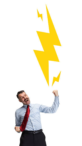 Bright artwork. Overjoyed businessman celebrating under large yellow lightning symbol on white background