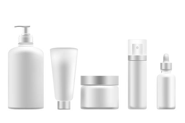 istock Cosmetic 3D product packaging mockup set, isolated, transparent background. Cleansing gel bottle, cream jar, serum dropper, spray bottle, white plastic, gray lid. Beauty skin care moisturizer pack 2231291774