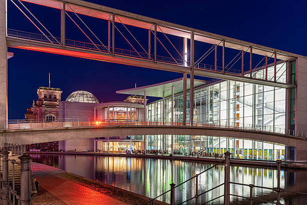 Germany, Berlin, Central Berlin,  Paul-Loebe-Haus, 19, 2025 - Berlin's Paul-Loebe-Haus with pedestrian bridge over the Spree at night with medium group of people and illuminated building