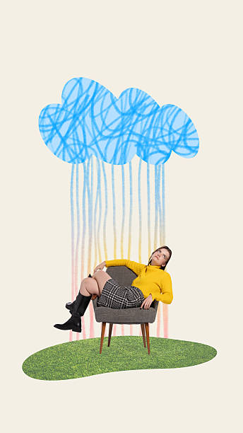 istock Graphic composition. Woman in yellow sweater sitting under stylized blue cloud with colorful rain lines on grass patch 2231293688