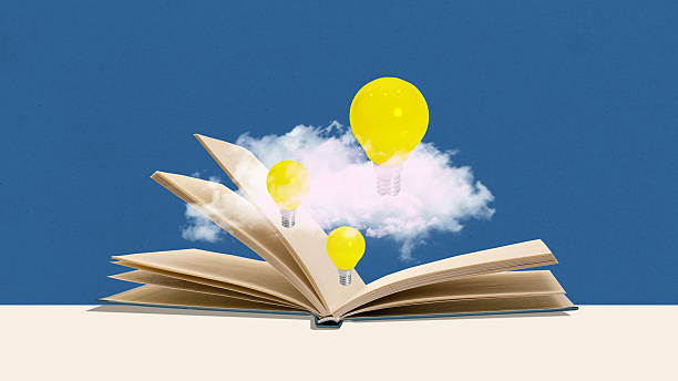 istock Creative collage. Open book releasing glowing yellow light bulbs from fluffy cloud on blue background 2231293691