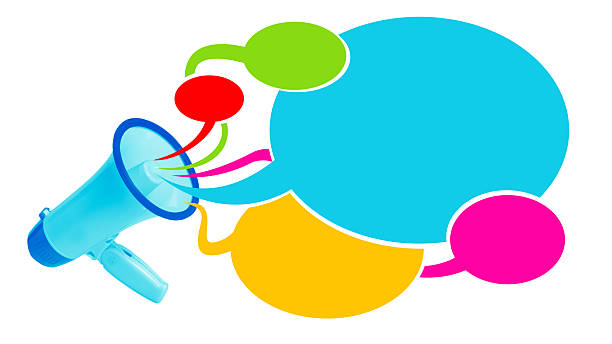 Collage of blue megaphone with colorful negative space speech bubbles symbolizing diversity of voices and communication flow
