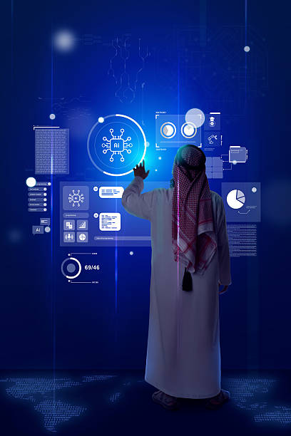 Man interacts with digital interface displaying data analysis and artificial intelligence visuals in a futuristic environment