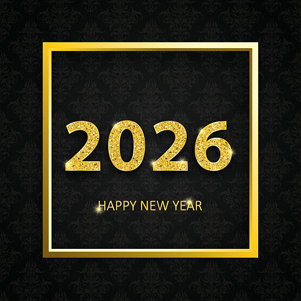 istock Golden frame and text Happy New Year 2026 on a black wallpaper with ornaments. Eps 10 vector file. 2231300628