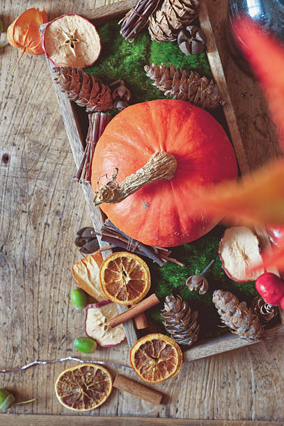 A vibrant orange Hokkaido pumpkin sits prominently among dried fruits and seasonal decorations like pine cones and cinnamon sticks on a rustic wooden table. The warm autumn colors create a cozy atmosphere - fall backgrounds, season