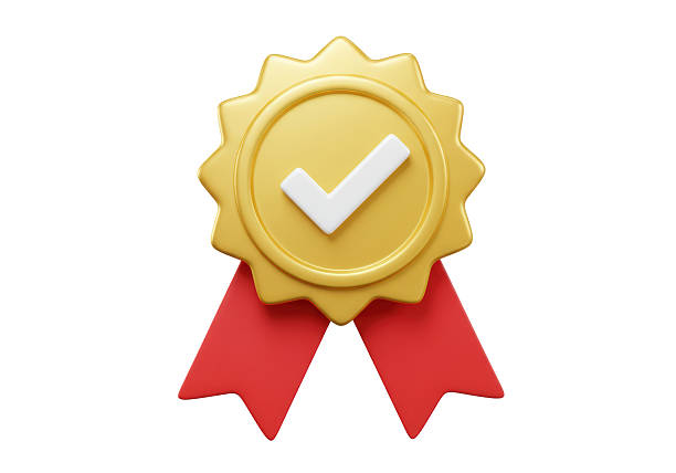 Isolated Gold Medal with Check Mark and Red Ribbon