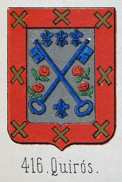 istock Medieval heraldry, Coat of arms, Shield with, Red, Border, Cross, Blue, keys, fleur de lis, Roses, Spanish, Vintage illustration 2231308973