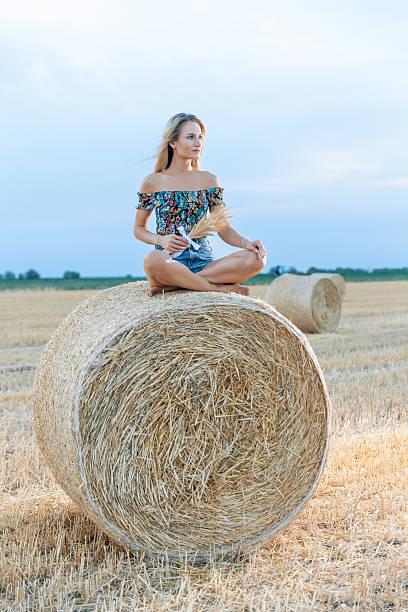 istock Young woman sitting on a round haystack in a mowed wheat field holding spikes 2231308993