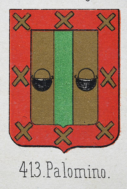 istock Medieval heraldry, Coat of arms, Shield with, Gold, Green, Stripes, Cauldron, red, border, cross, Spanish, Vintage illustration 2231309325