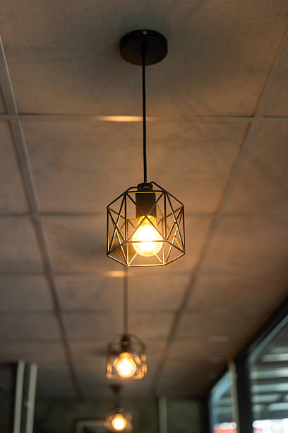 istock Classing ceiling lighting lamp with metal cage that glowing in warmlight shade. 2231313044