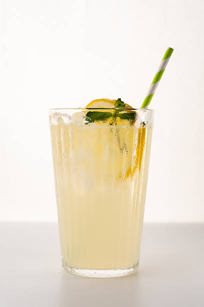 istock Chilled homemade lemonade featuring ice, mint garnish, lemon slice against bright backdrop 2231314382