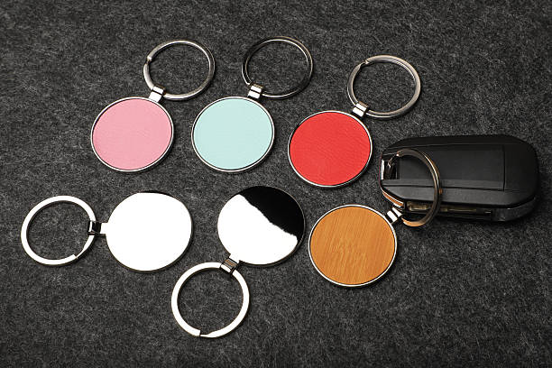 istock Metal and leather keychains. Colorful one side leather. Concept shots, 2231314700