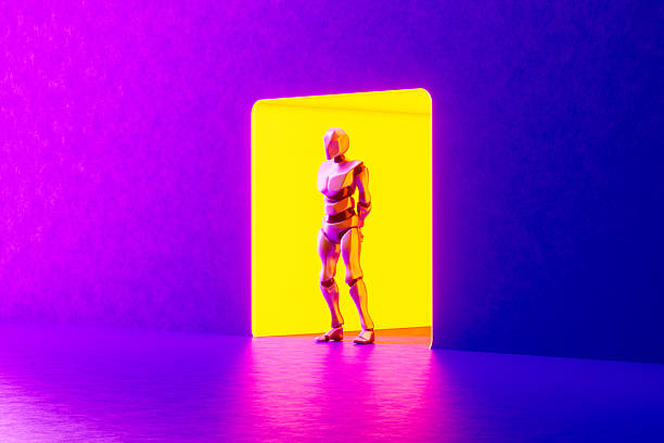 A digitally created image featuring futuristic AI robot standing in front of a glowing neon-lit doorway. This concept represents artificial intelligence, advanced robotics, and the future of technology in a digital world.