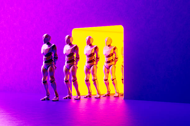 istock AI Robots Standing at Neon Lighting Door, Artificial Intelligence and AI Robots Concept. 2231315519