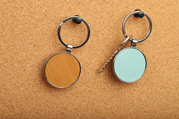 istock Metal and leather keychains. Colorful one side leather; Square, rectangle and circle shaped key rings. Concept shots, 2231316832