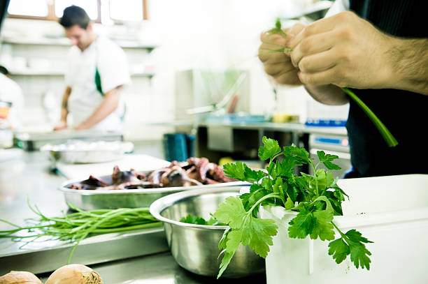 Chef prepares octopus and fresh parsley in commercial kitchen, Ticino Canton