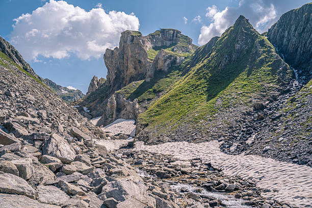 Mountain stream and rugged mountains, Greina, Ticino Canton