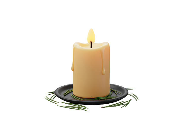 Isolated Elegant Cream Candle with Flickering Flame and Pine Needle Adornment