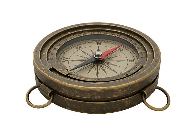 Isolated Antique Brass Compass with Ornate Details and Needle