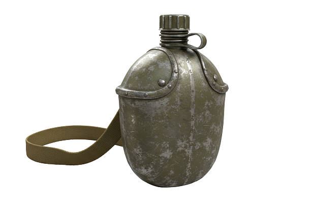 Green plastic canteen on white wooden table, top view. Space for text