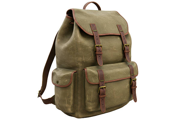 istock Isolated Canvas Backpack with Leather Straps and Buckles in Olive Green 2231353455