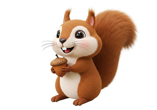 Isolated Cheerful Cartoon Squirrel Holding an Acorn