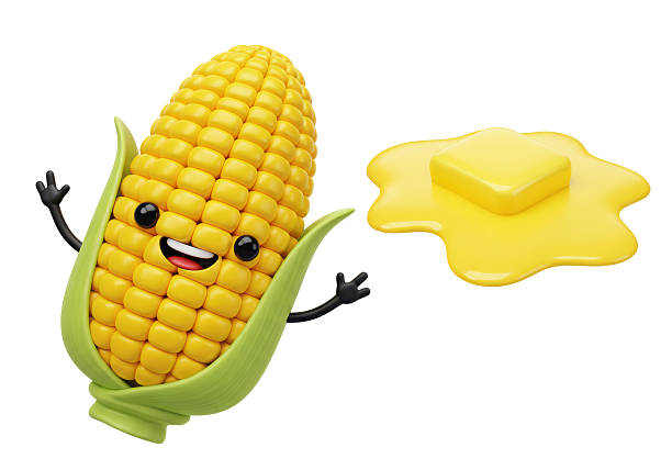 Isolated Cheerful Cartoon Corn Cob with Butter