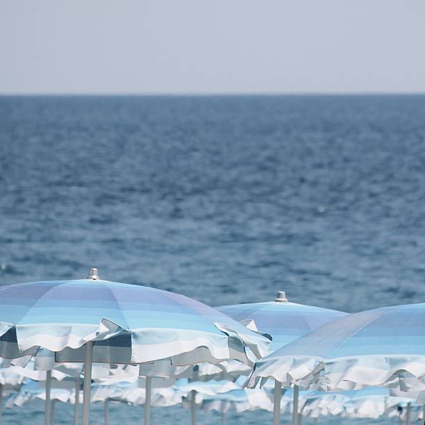 A row of striped blue beach umbrellas set against the backdrop of a calm, endless ocean. The soft shades of blue blend harmoniously with the water, creating a serene and summery coastal scene.