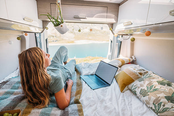istock Woman Relaxing with Laptop in Camper Van 2231368757