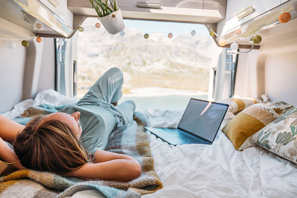 istock Woman Relaxing in Camper Van with Laptop 2231368811