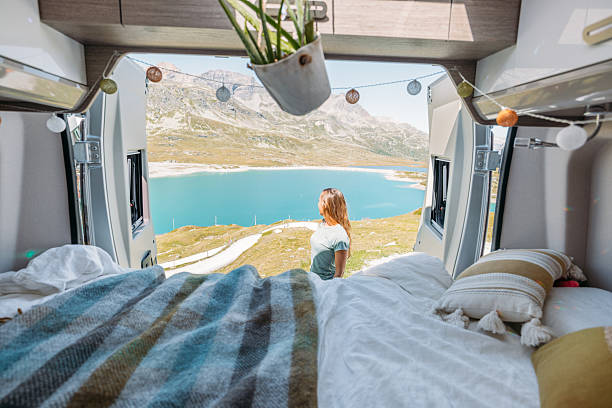 istock Woman Enjoying Lake View from Camper Van 2231369289