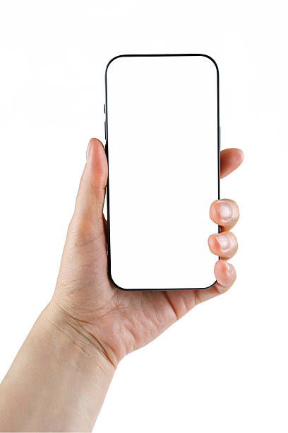 istock Hand holding smartphone with blank white screen isolated on white background. Mockup, template 2231370571