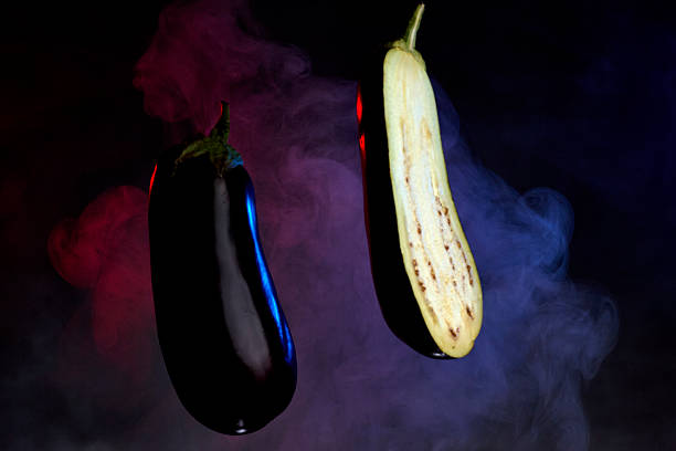 istock Two eggplant slices positioned together on dark dark surface 2231379400