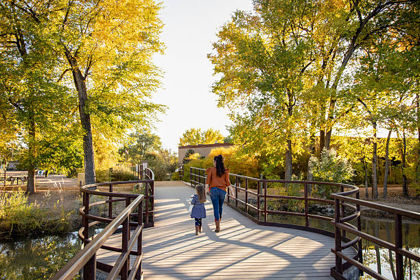 Mother and daughter walk along boardwalk in forest in autumn, Rio Grande Valley State Park, Albuquerque, New Mexico