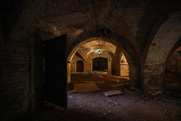 istock Dark and creepy vaulted red brick dungeon 2231381625