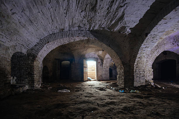 istock Dark and creepy vaulted red brick dungeon 2231381647