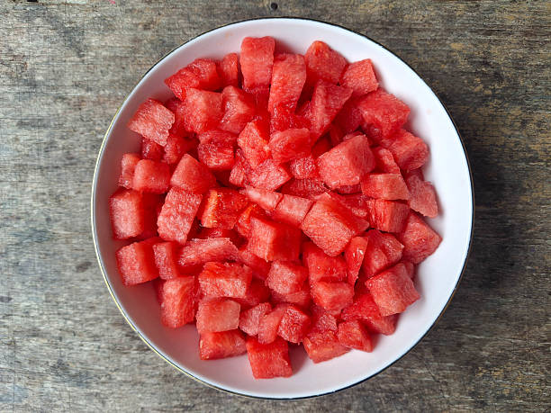 Semangka Potong Dadu or Diced Cube Watermelon. Fruit Salad Menu. Top View.