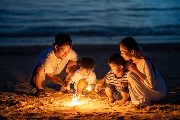 istock Family playing with fireworks on the beach at sunset 2231395638