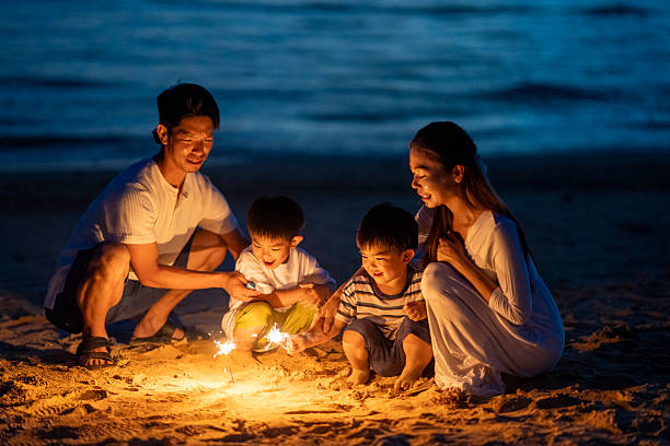 istock Family playing with fireworks on the beach at sunset 2231395640
