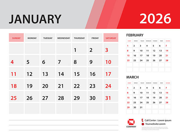 istock Calendar 2026 template - January 2026 year, Desk Calendar 2026 template, Week Start On Sunday, Wall calendar design, Planner layout, Stationery, Poster, printing media, Red background vector 2231395825