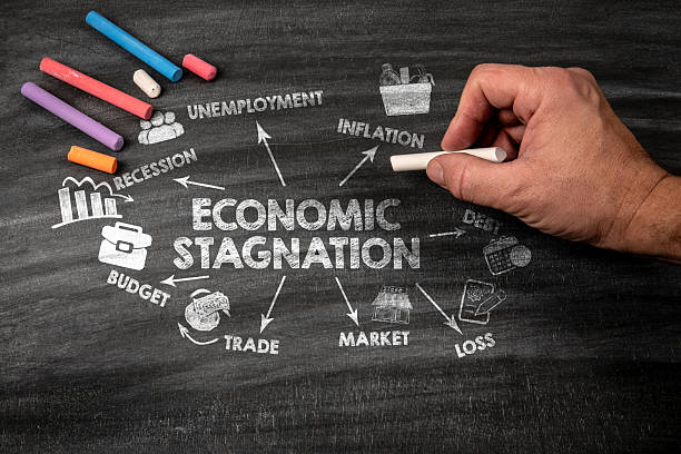 istock Economic Stagnation Crisis Concept. Black scratched textured chalkboard background 2231396484