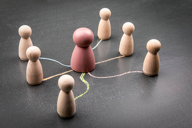 istock Leadership and influence concept with central figure connected to group by chalk lines 2231396485