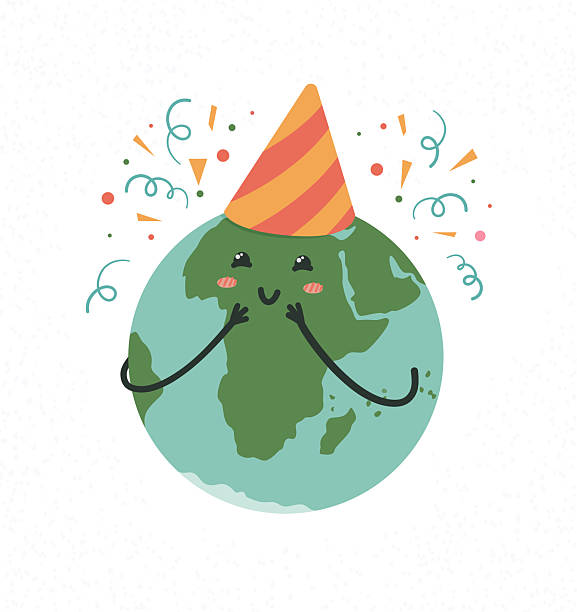 Earth Birth Day. Vector illustration of a festive Earth. Earth Birth Day. April 22. Vector illustration of a festive Earth. Drawn. Poster. Banner. Cute Planet Earth is celebrating its birthday. drawing of a save the earth posters stock illustrations