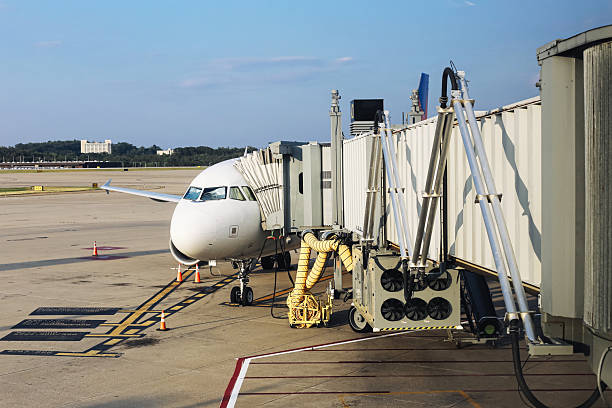 Ground handling equipment and clear blue sky in background.