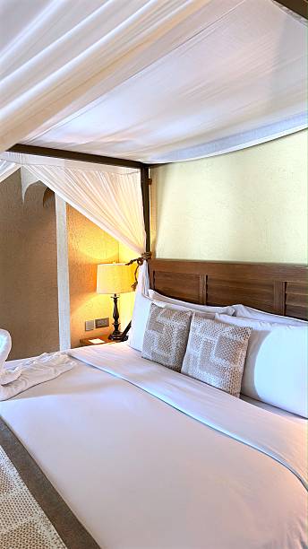 istock Luxurious hotel bedroom featuring plush canopy bed, crisp white linens, decorative pillows, soft bedside lamp casting warm glow over elegant sleeping space 2231413824