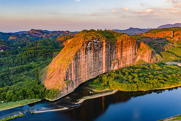 Danxia landform river scenery at sunrise and sunset
