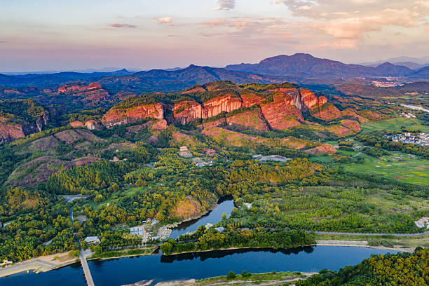 Danxia landform river scenery at sunrise and sunset
